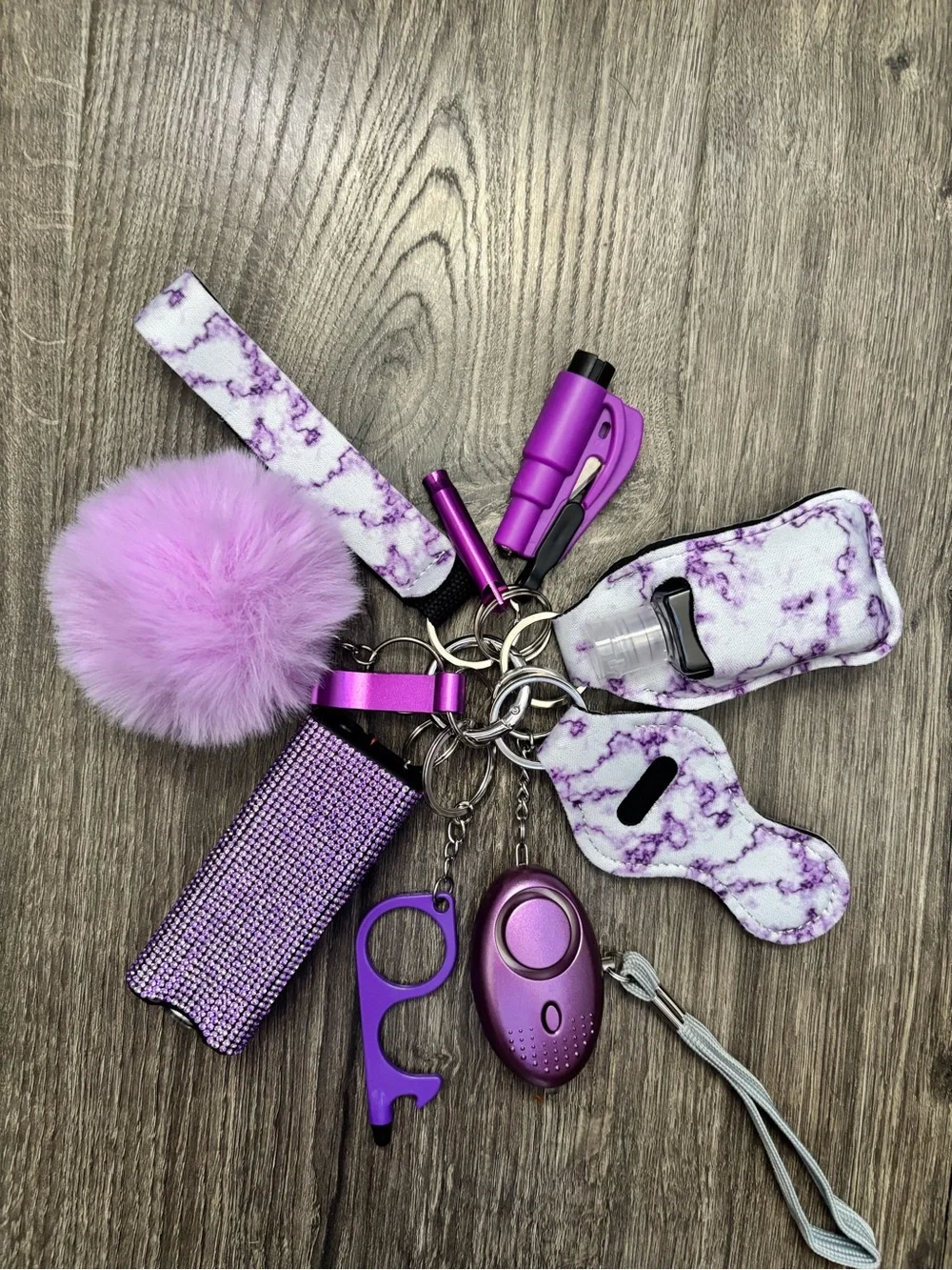 Purple Kids Accessory Keychain Set with Pom Pom and Safety Alarm